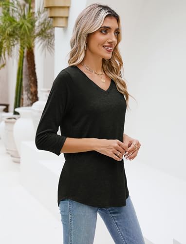 Sherosa Women's V Neck 3/4 Sleeve Loose Fit Casual Solid Basic Tops